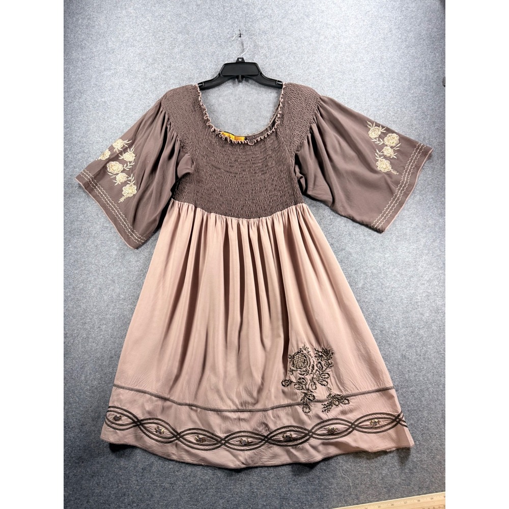 Urban Mango Brown Cotton Smocked Boho Floral Embroidered Beaded Peasant Dress M